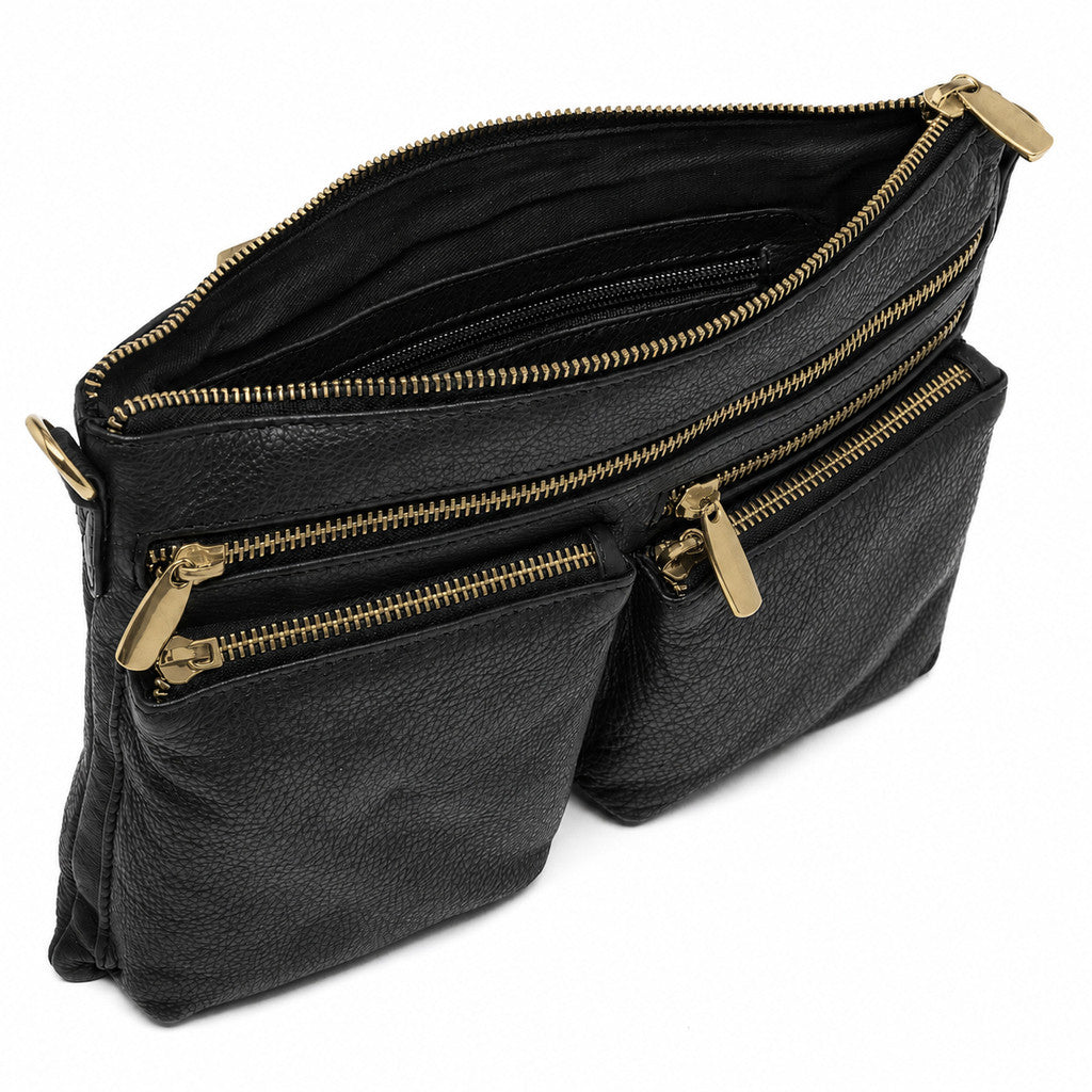 DEPECHE Leather crossover bag decorated with zipperpockets Crossover 154 Black/Brass