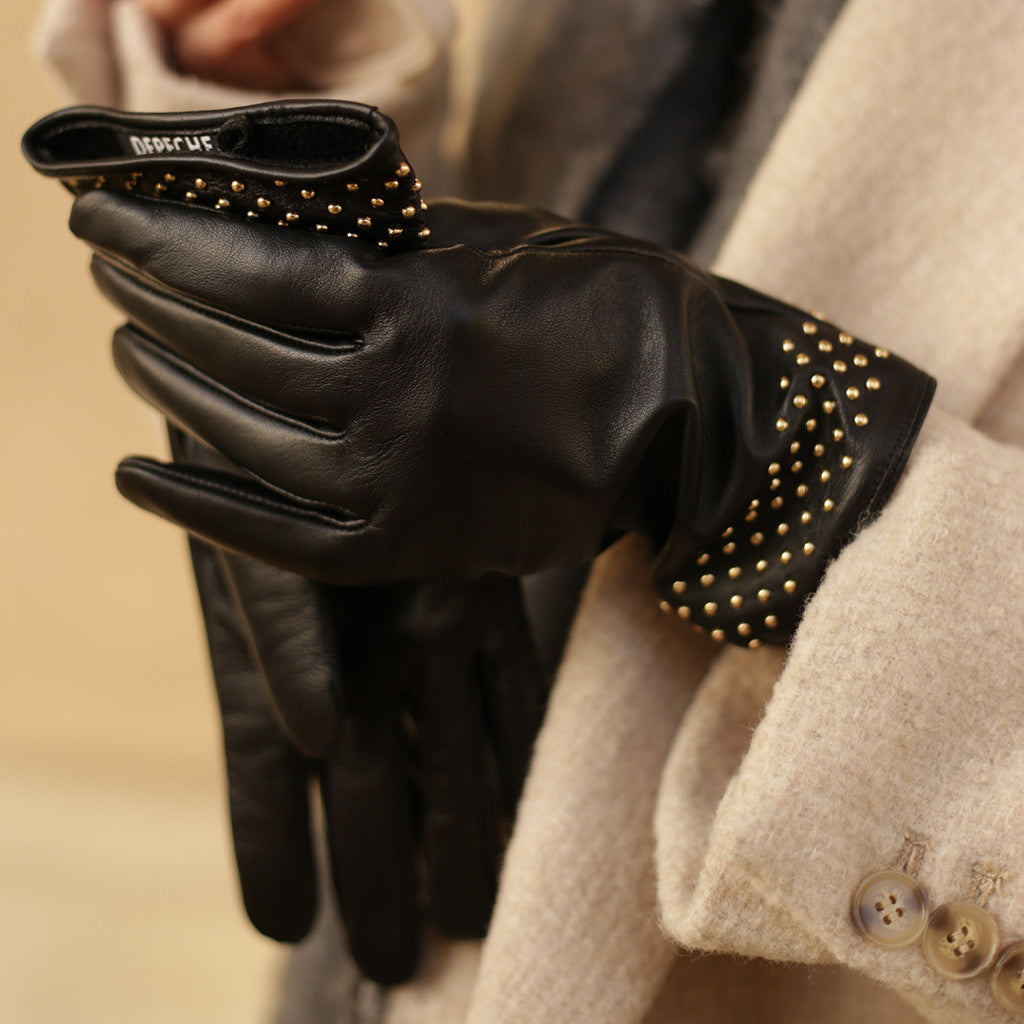 DEPECHE Leather gloves decorated with small studs Gloves 190 Black / Gold