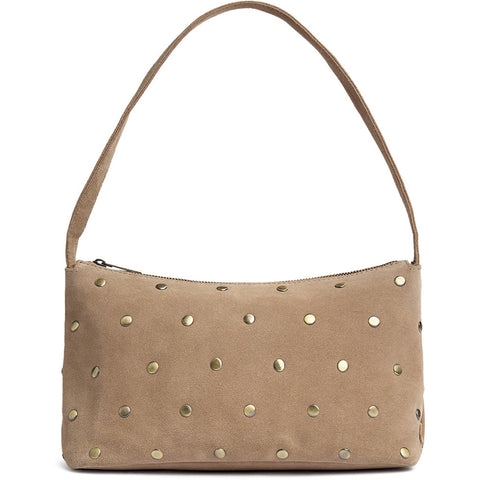 DEPECHE Small suede shoulder and handbag with all-over flat studs Shoulderbag / Handbag 011 Sand