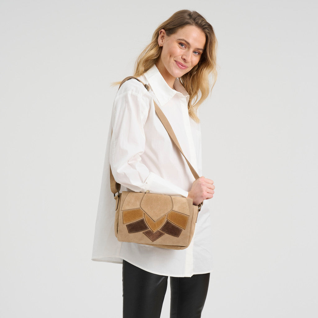 DEPECHE Suede crossover bag with brown patch details Cross over 011 Sand