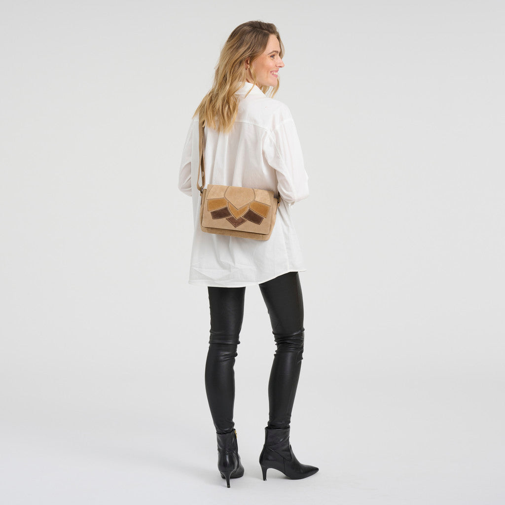 DEPECHE Suede crossover bag with brown patch details Cross over 011 Sand