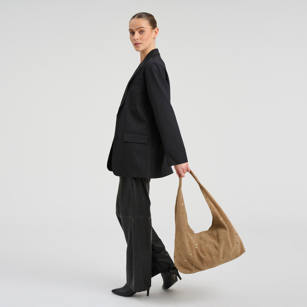 DEPECHE Suede shoulder and handbag with all-over studs Shoulderbag / Handbag 011 Sand